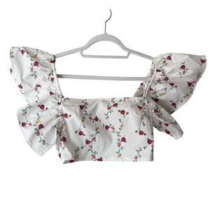Zara White Floral Blouse with Red Accents Size S Cottagecore Boho Romamtic